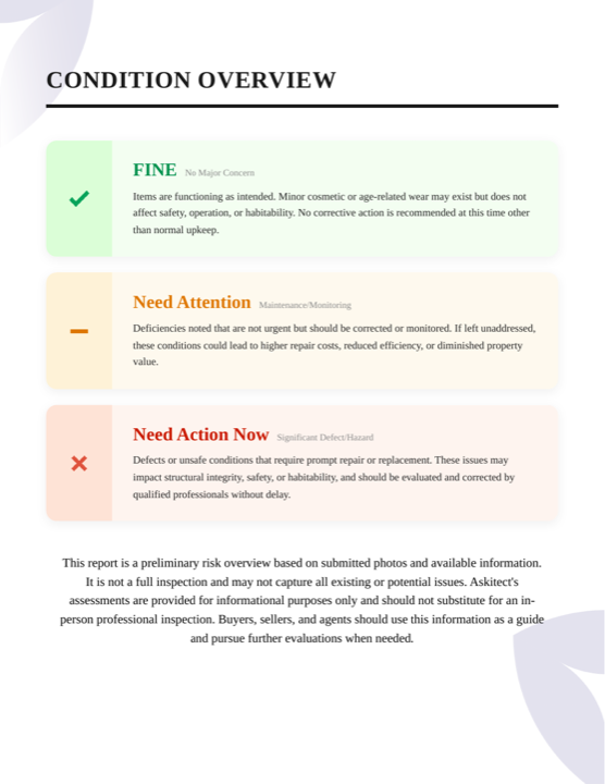 Condition overview page from the sample report with the three ratings