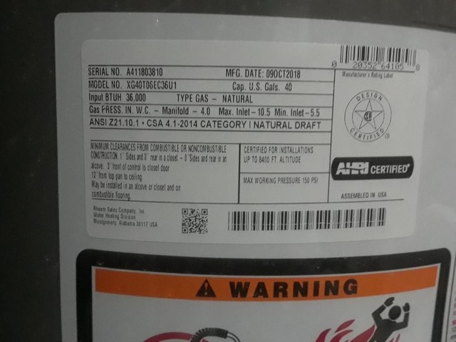 Water Heater Data Plate: photo the finding was judged from